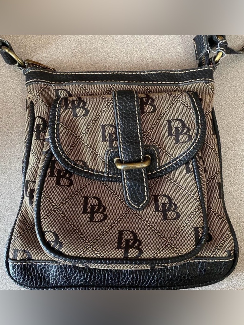 Vintage Dooney & Bourke Brown Logo Jacquard Crossbody with Black Trim